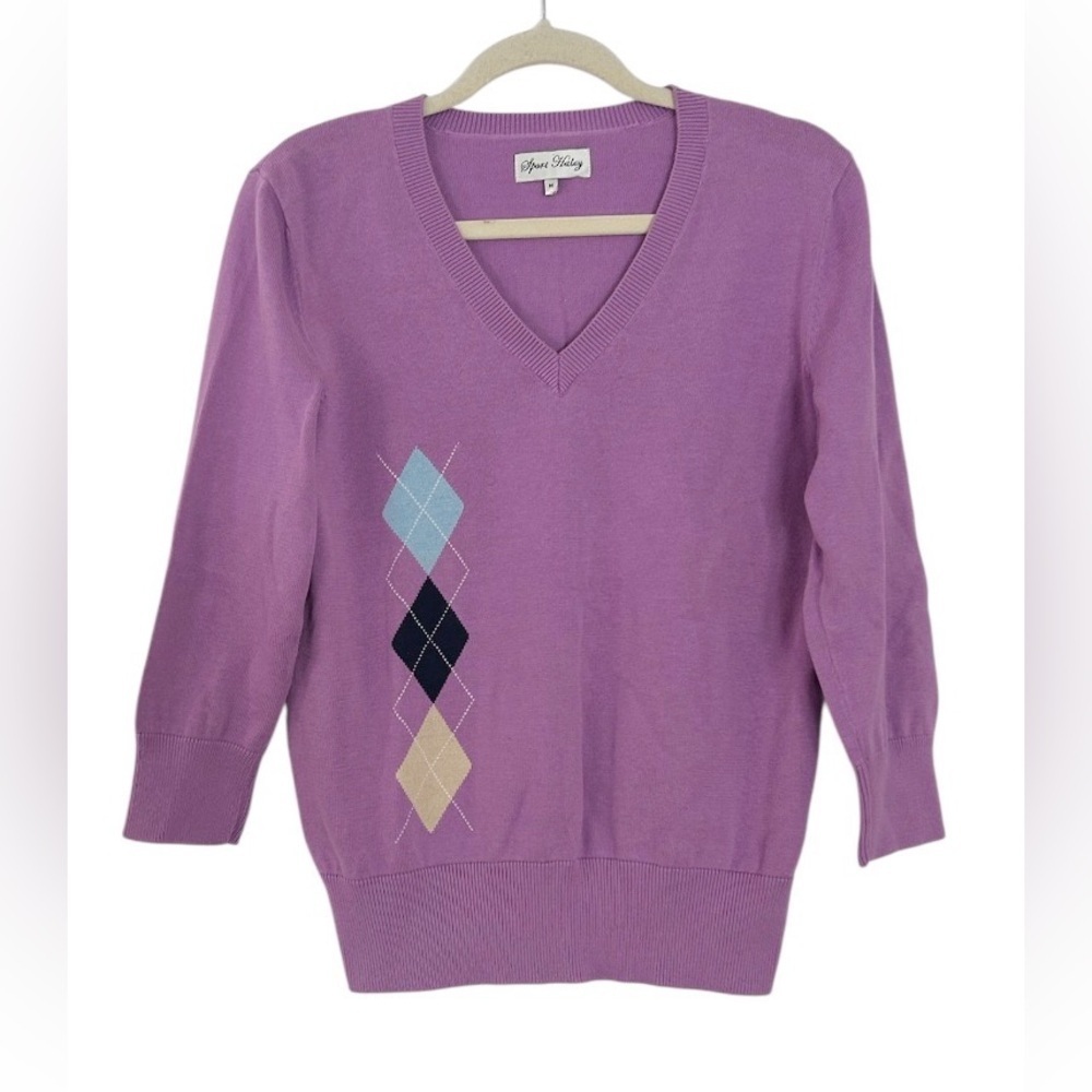 Sport Haley Lavender Argyle V Neck Cotton Gold Sweater Size Medium